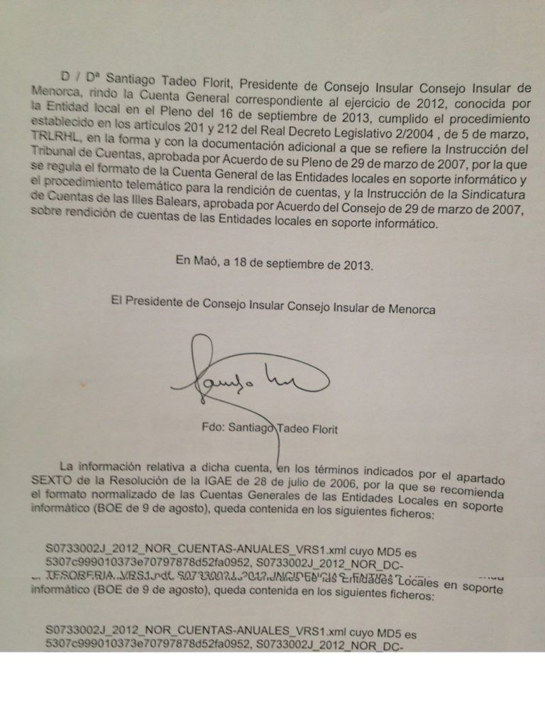 Carta de Santiago Tadeo presentant els Comptes Generals del 2012