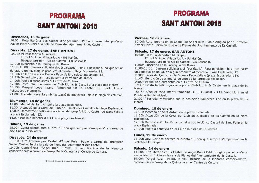 Programa Sant Antoni Es Castell 2015